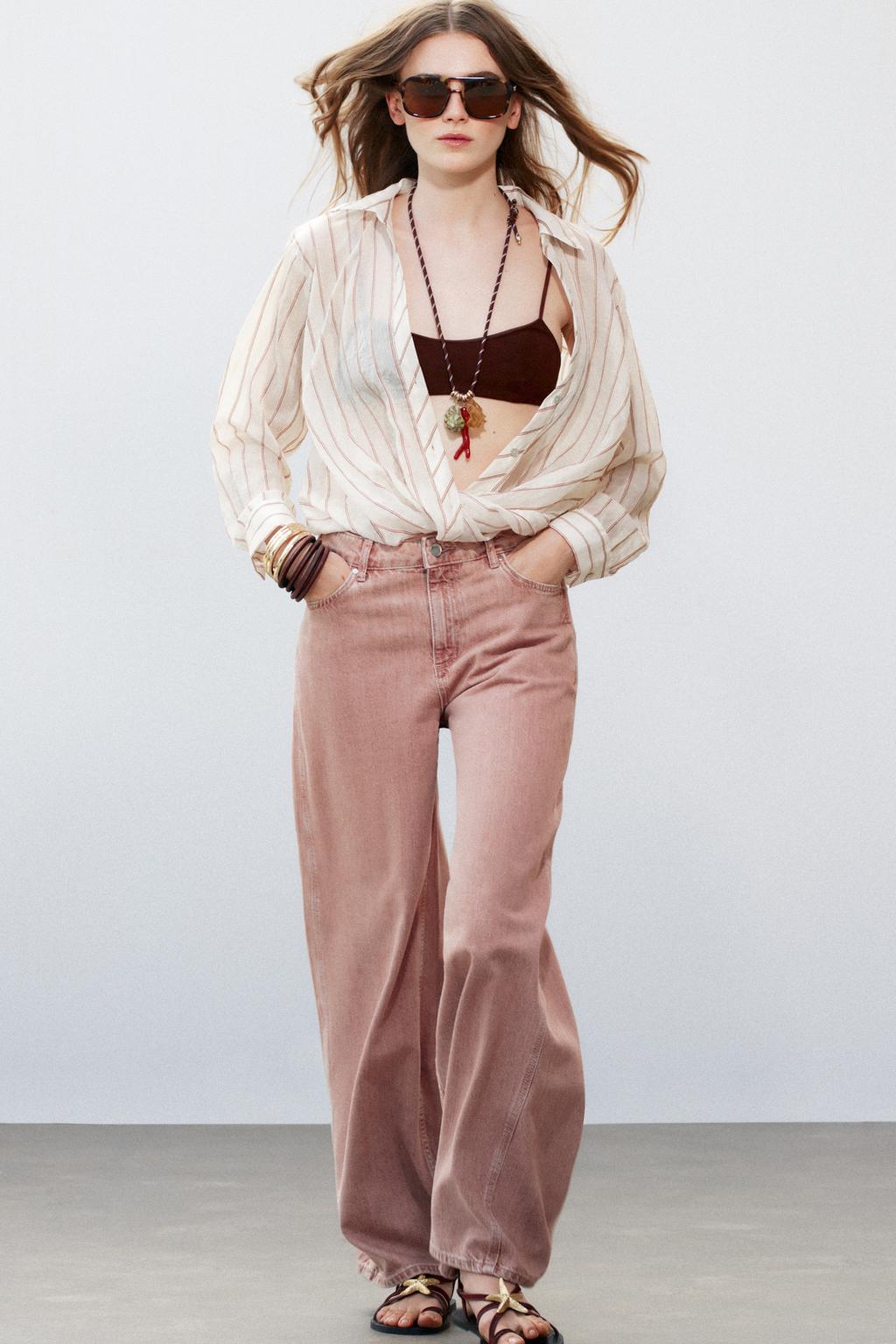 

Широкие джинсы средней посадки z1975 ZARA, цвет Pale pink