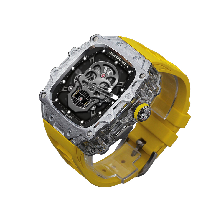 

Akkerds Часы Apple Alloy Case Material Ultra2/1 Generation, Silver case, transparent middle frame, yellow fluoroelastomer single-hand buckle strap