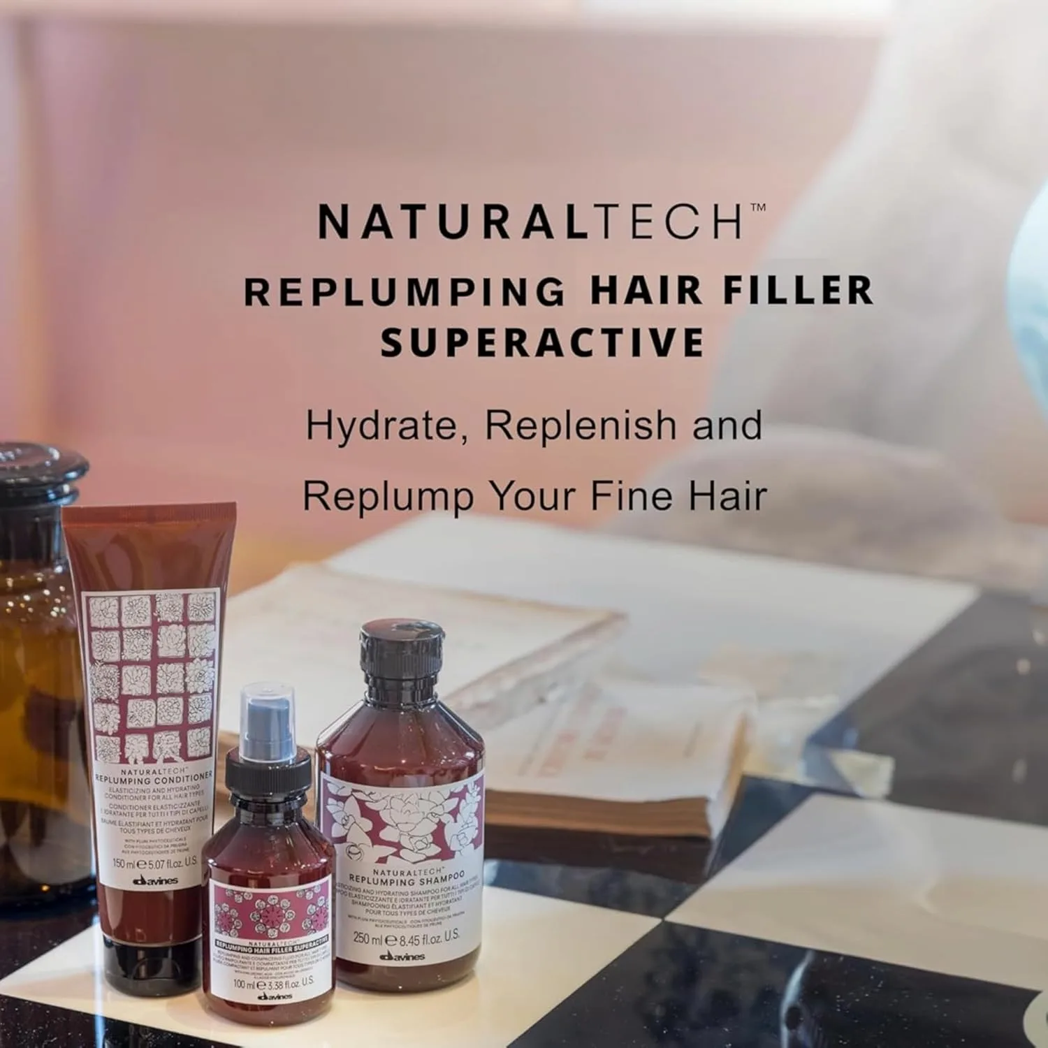 Davines Naturaltech Replumping Hair Filler Superactive, увлажняющее средство для тонких волос, лишенных эластичности, с экстрактом сливы - уплотняет и наполняет волосы, дорожный размер, 100 мл — фото 2