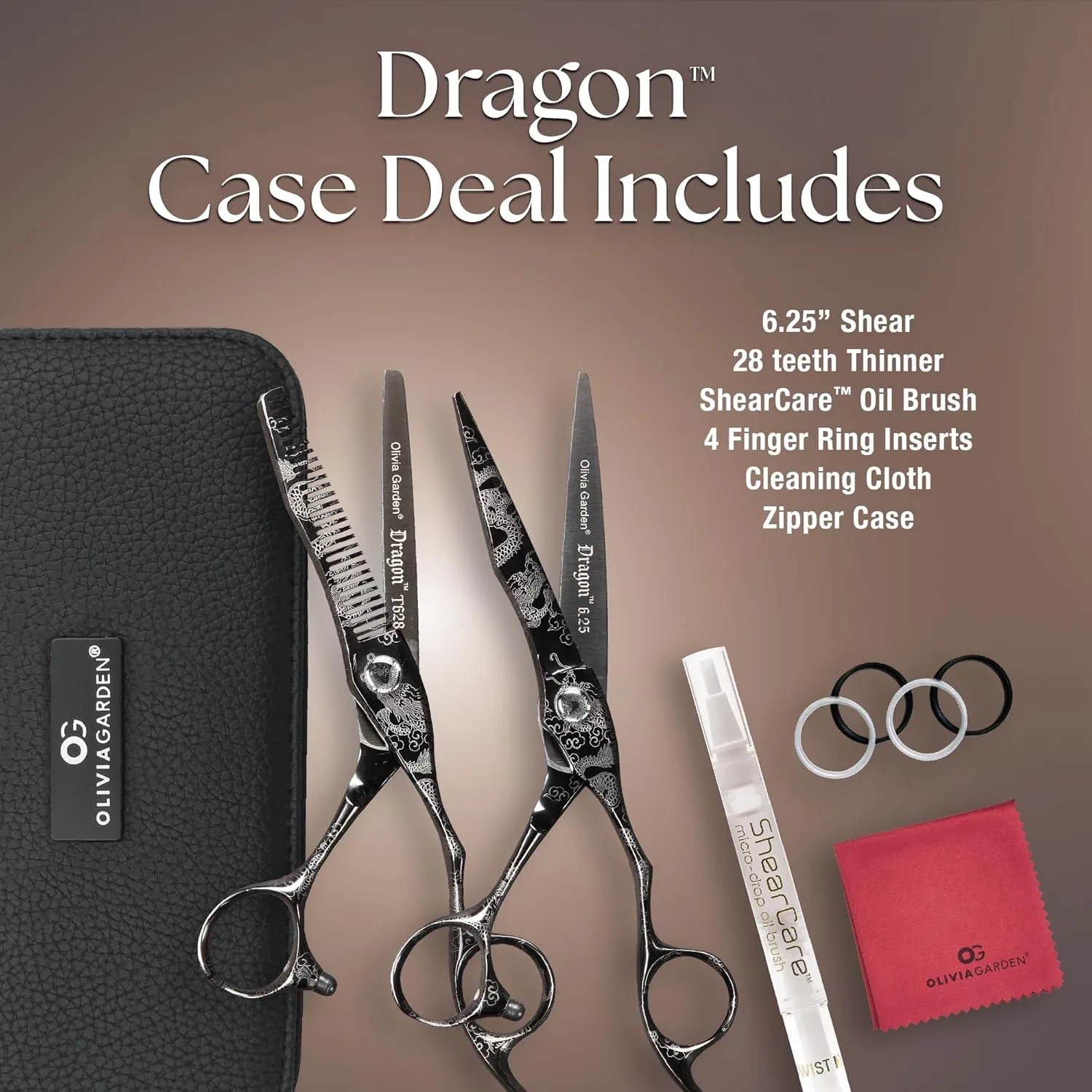 Набор для стрижки волос Olivia Garden Dragon Shears Kit - включает профессиональные ножницы для стрижки волос, филировочную машинку, футляр и аксессуары - ножницы с бритвенной остротой. 15,9 см — фото 2