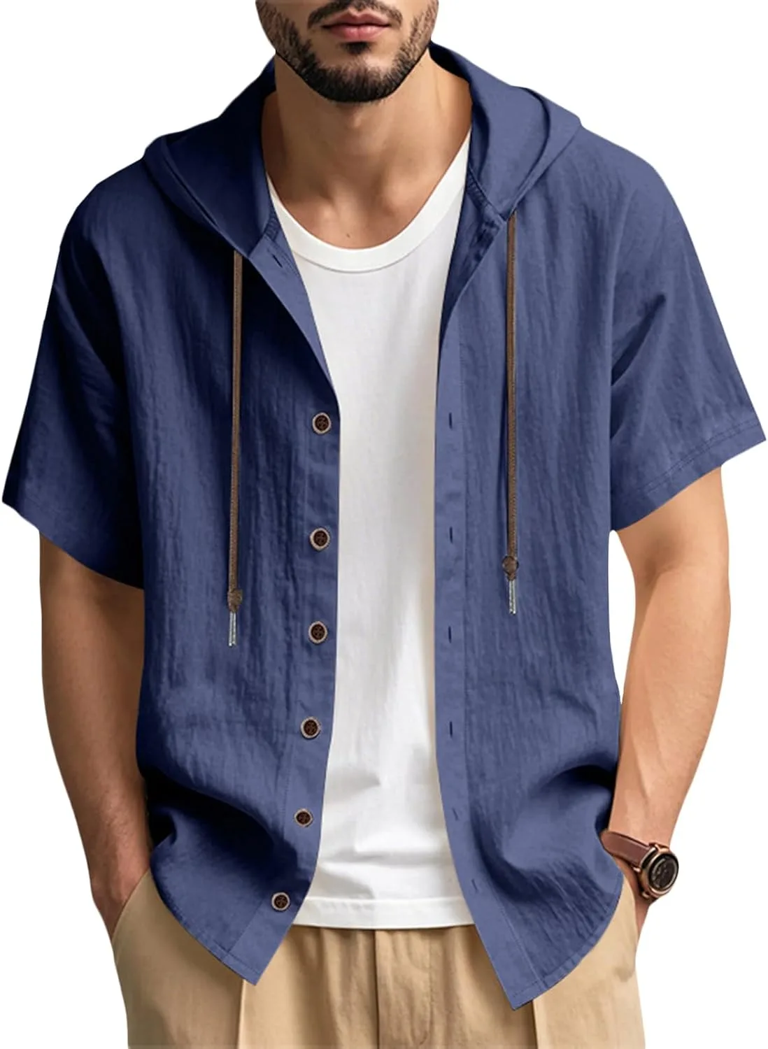 

Худи с коротким рукавом для мужчин, однотонное, на пуговицах спереди, свободный лен для стритвира Jumlcwkoz