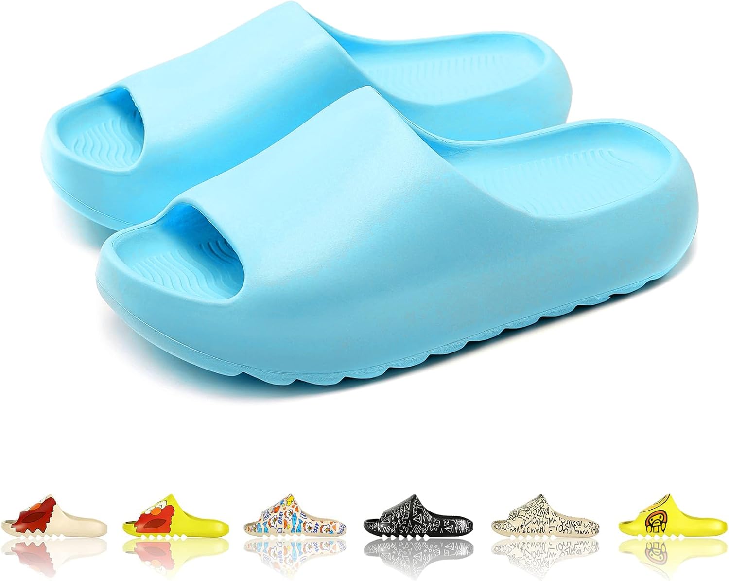 

Мужские и женские тапочки-сланцы с облачной подушкой EVA, милый мультяшный принт, нескользящие для душа, с открытым носком, для ванной, дома, спа, тренажерного зала, мягкая и удобная обувь Tptoes, синий