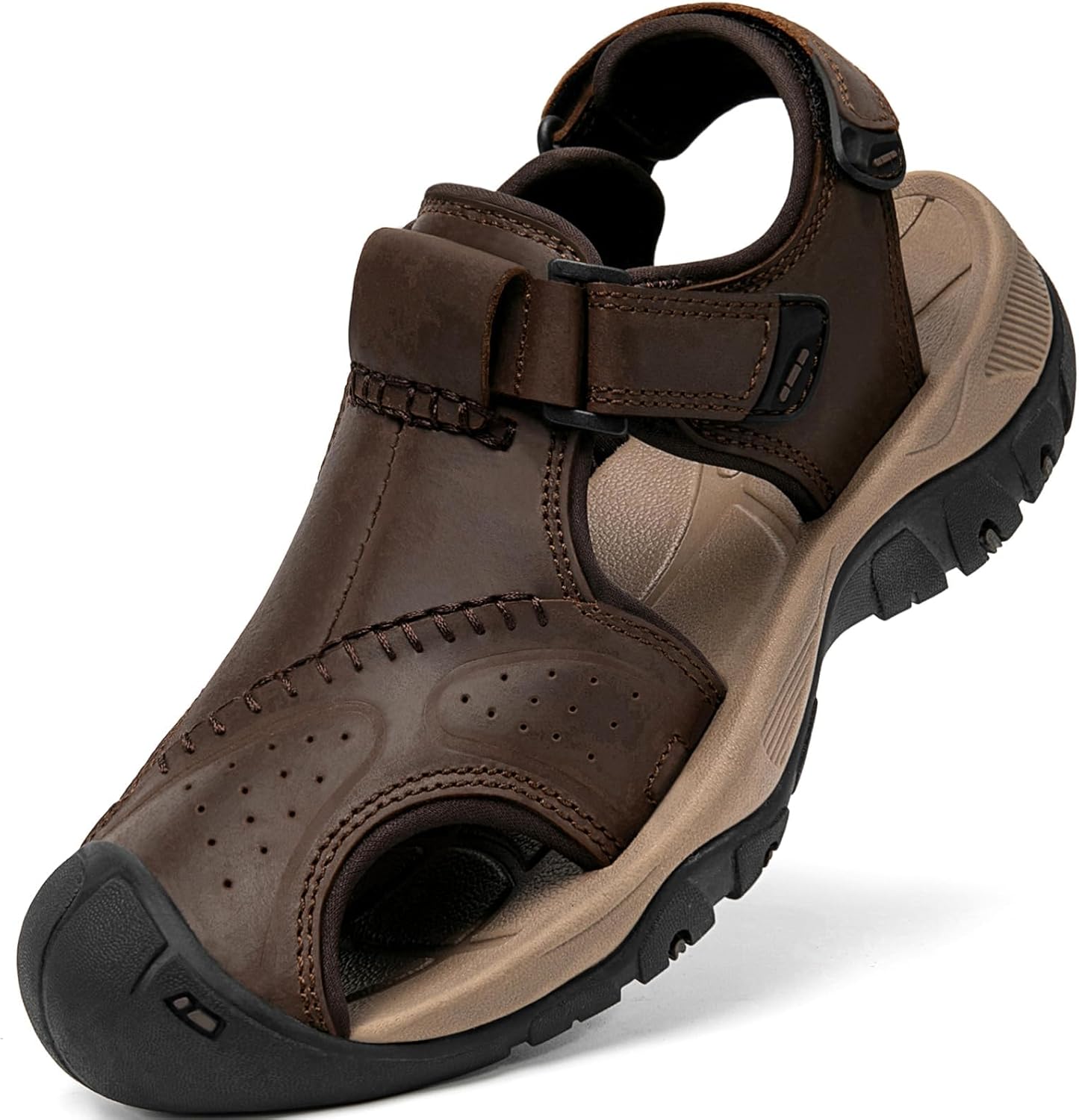 

Мужские спортивные сандалии с закрытым носком, кожаные для походов, спортивной ходьбы, активного отдыха на улице, пляжа, троп, реки и рыбалки, водонепроницаемые, легкие и удобные Boveshorn, коричневый
