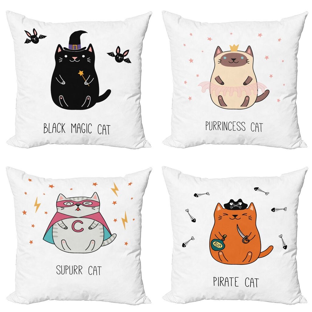 

ABAKUHAUS Cat Lovers Декоративные чехлы для подушек, набор из 4 шт., Pirate Princess Magician, двусторонняя цифровая печать Modern Accent, 40 x 40 см, многоцветные