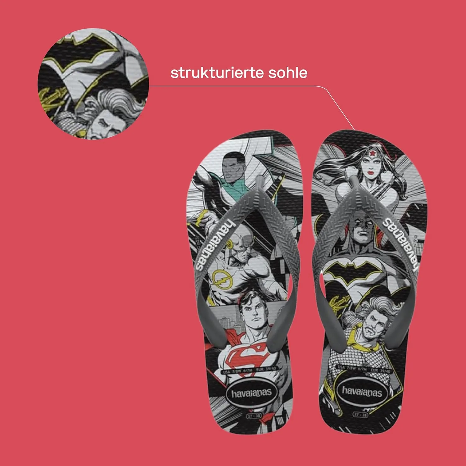 Havaianas - Top Heroes DC, удобные, прочные и легкие шлепанцы с подошвами в стиле героев и злодеев, взрослые размеры, черный/серый — фото 3