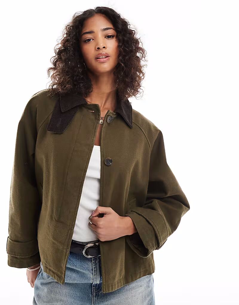 

Куртка-амбар ASOS DESIGN с контрастным воротником цвета хаки