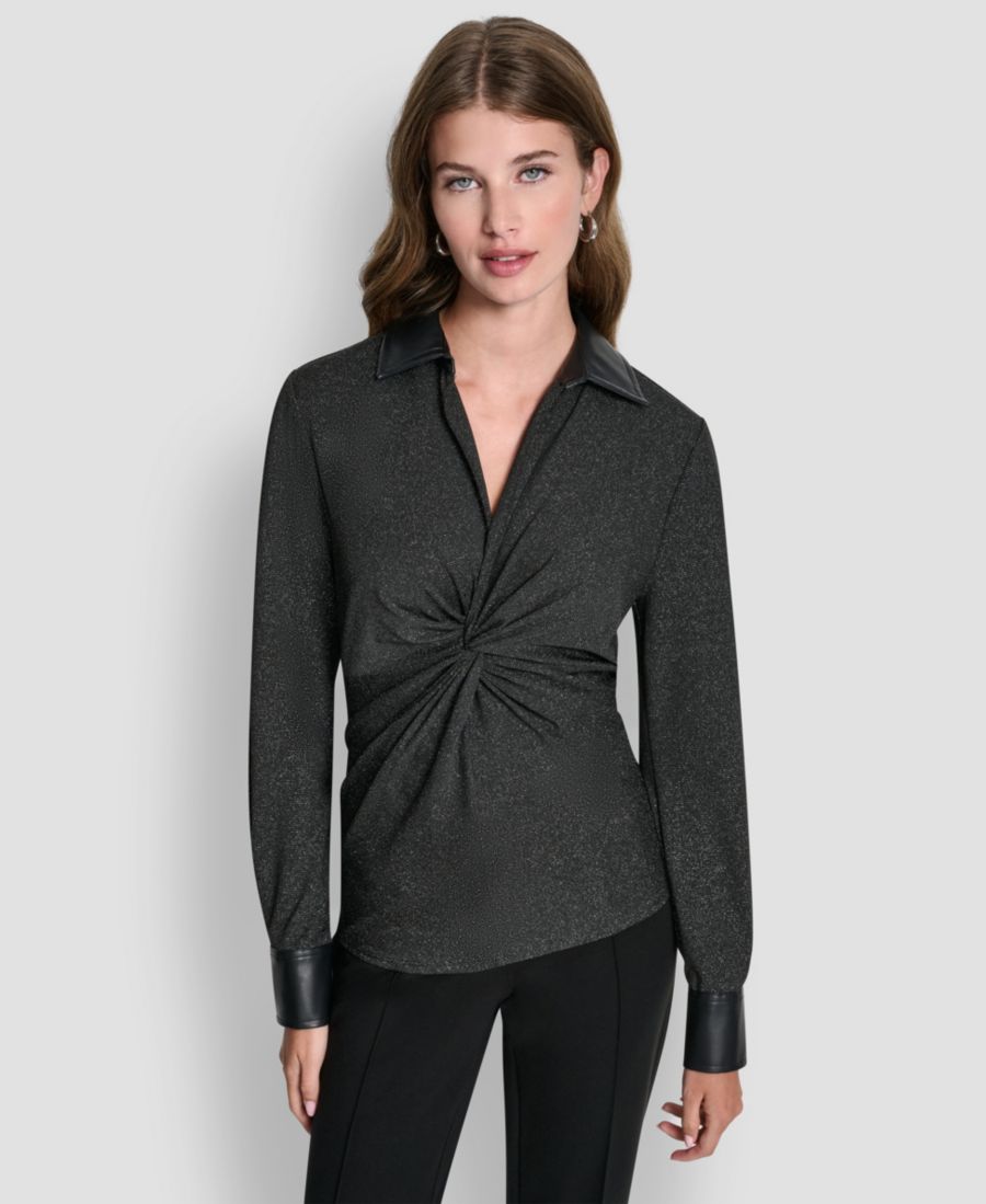 

Женская вязаная блузка с V-образным вырезом и перекрученным передом DKNY, Black/silver