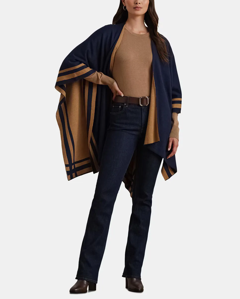 

Двухцветное двустороннее женское пончо Lauren Ralph Lauren, темно-синий