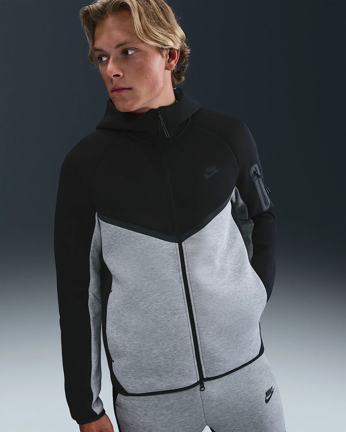 Мужская флисовая ветровка Nike Tech на молнии, Black/Dark Grey Heather/Black