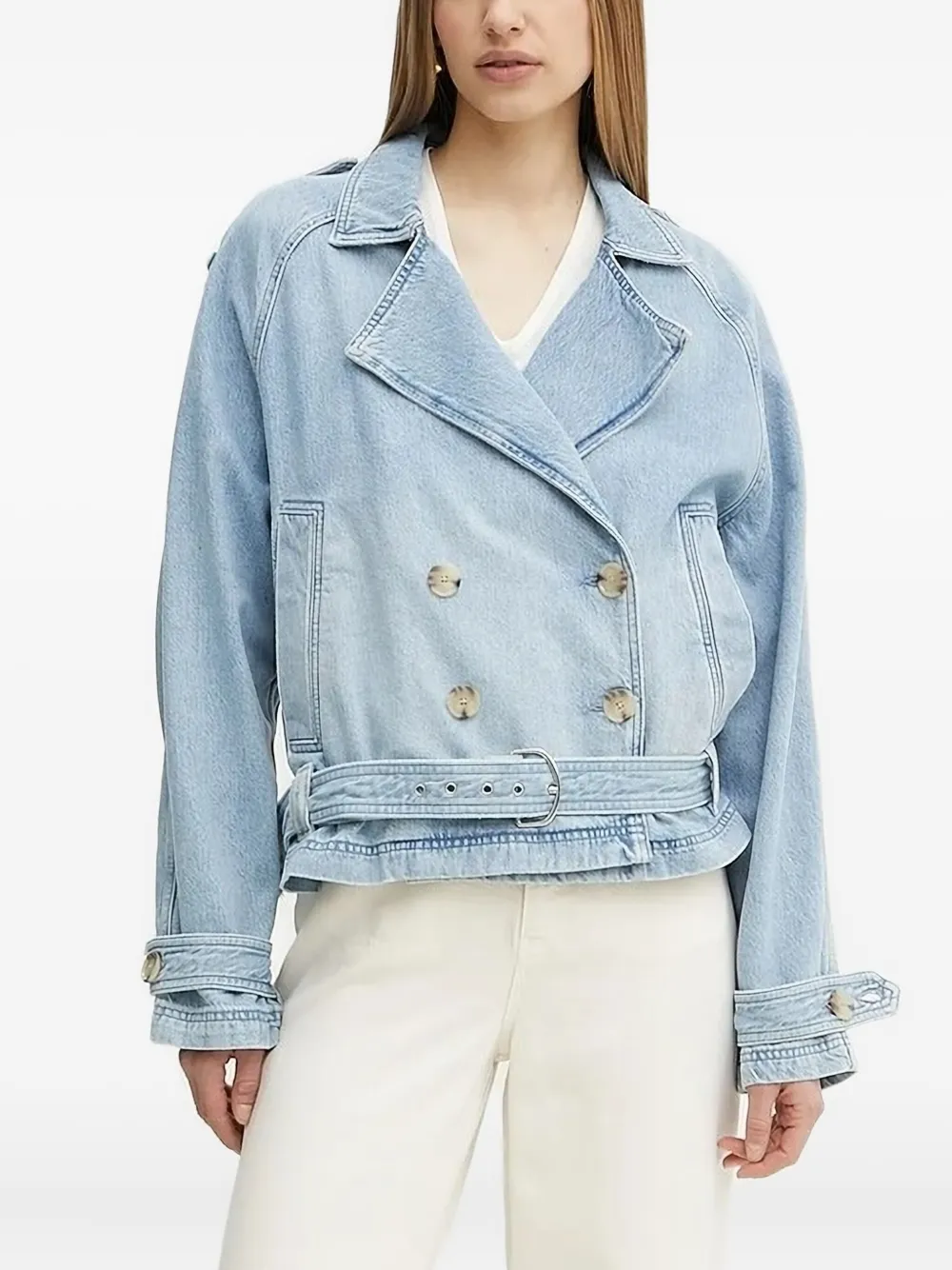 

Двубортная джинсовая куртка с поясом Boss, синий