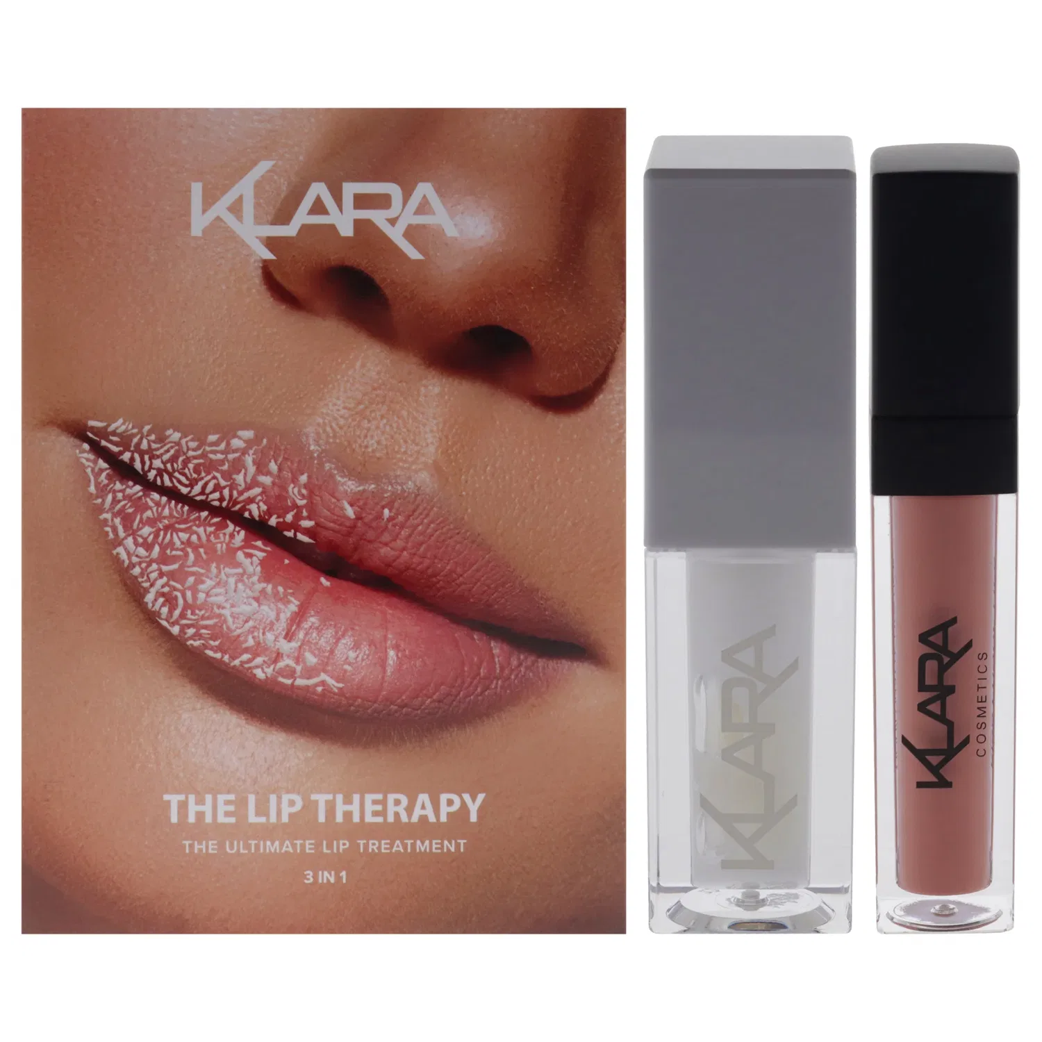 Набор для ухода за губами Lip Therapy Kit от Klara для женщин - 3 шт.: дневной бальзам для объема губ Lip Maximizer Day Plumper, масло для сияния губ Lip Glow Oil - Coconut, жидкая матовая помада Kiss Proof Liquid Matte - 21 Naughty Nude, Clear
