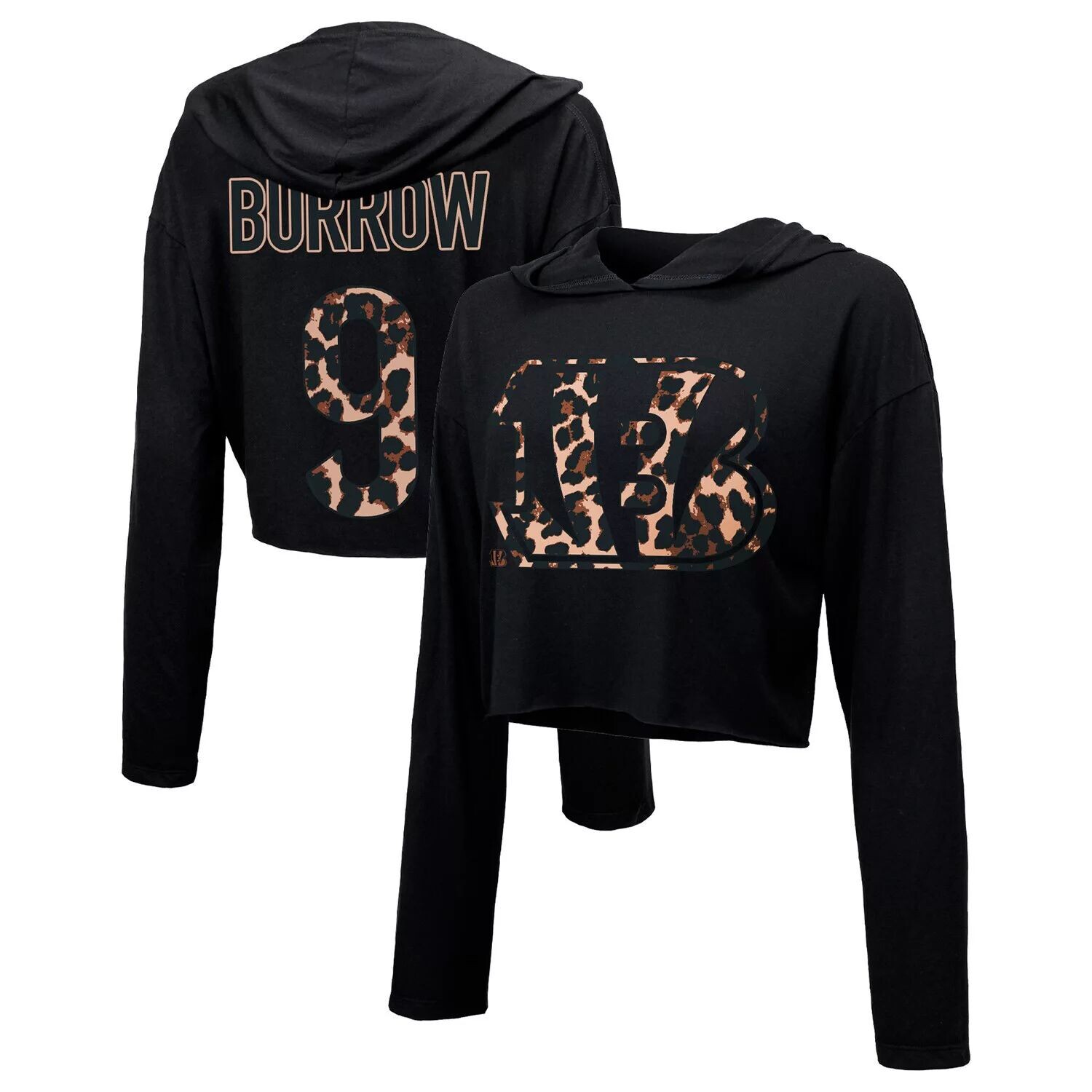 

Женский укороченный пуловер с капюшоном Majestic Threads Joe Burrow Black Cincinnati Bengals с леопардовым принтом, имя и номер игрока, с длинными рукавами Majestic, Коричневый, Женский укороченный пуловер с капюшоном Majestic Threads Joe Burrow Black Cin