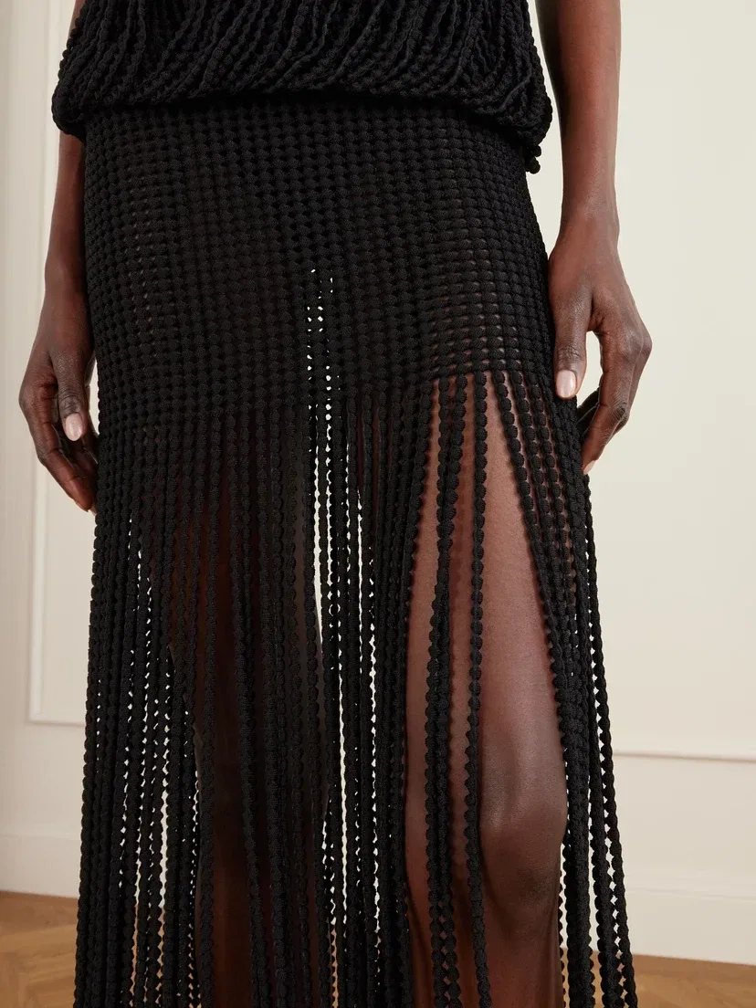 Вязаная юбка миди с бахромой Alaïa, черный — фото 4