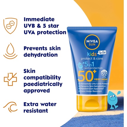 Детский солнцезащитный крем NIVEA SUN Protect and Care SPF 50+ To Go Lotion 50ml Water-Resistant Sunscreen Kids Sun Cream Provides Highly Effective UVB and 5 Star UVA Protection — фото 2