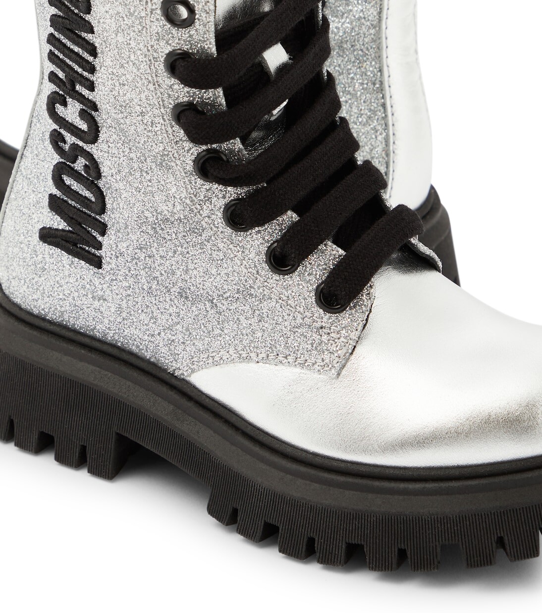 Кожаные ботинки с блестками и логотипом Moschino Kids, серебро — фото 4