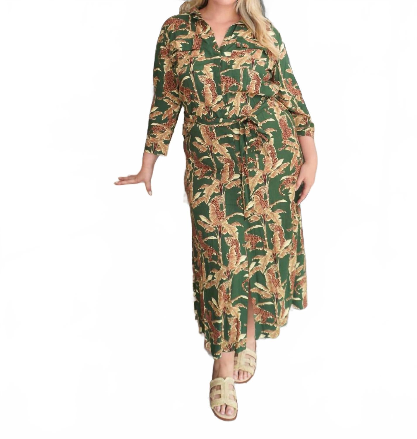 

Escapada Платье-макси Allegra золотистого цвета с леопардовым принтом и пальмовыми ветвями