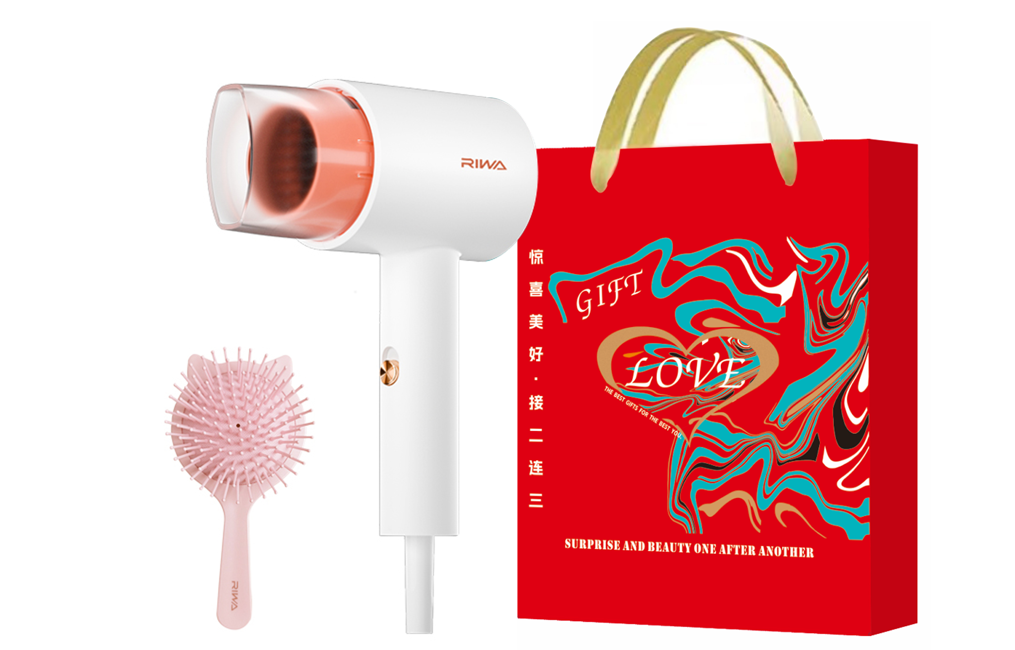 

Фен для волос 500W малой мощности RC-7105 Riwa, White with orange (including gift bag + cat ear air cushion comb)