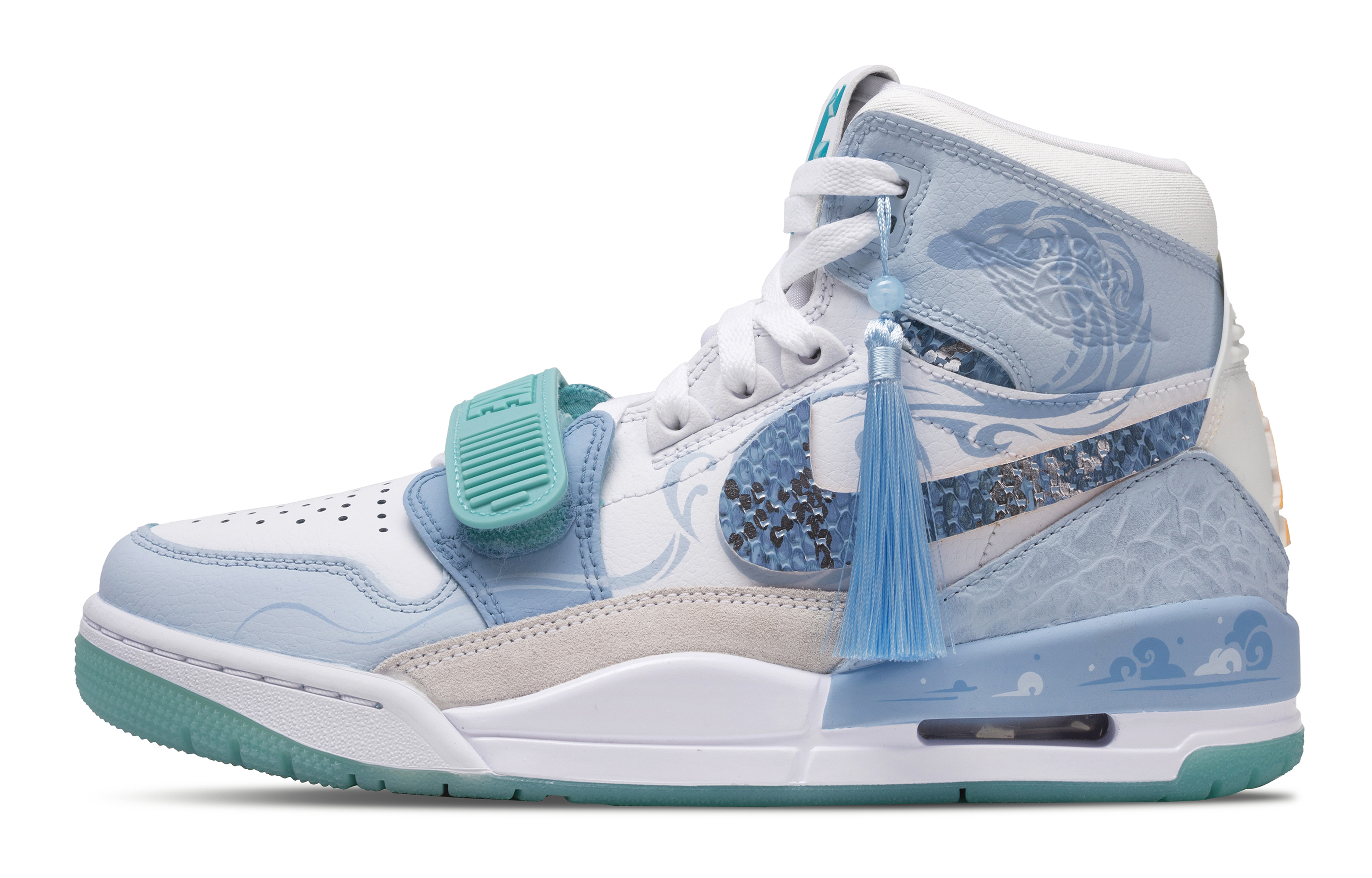 

Jordan Износостойкие винтажные баскетбольные кроссовки Legacy 312 Blue Koi с высоким берцем, мужские, сине-белые