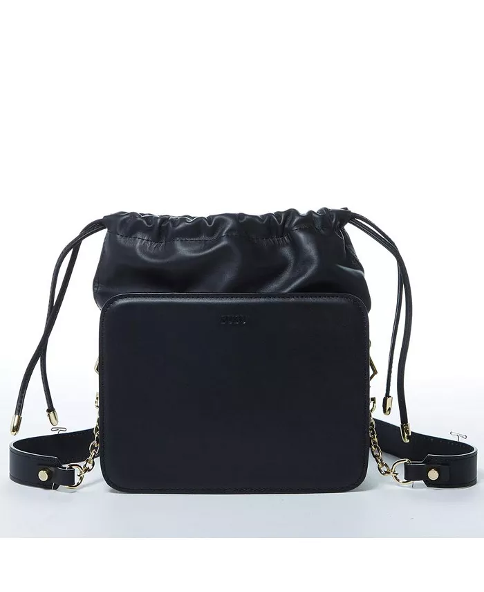 

Кожаная сумка-ведро, черная, с завязками на шнурке, среднего размера SUSU