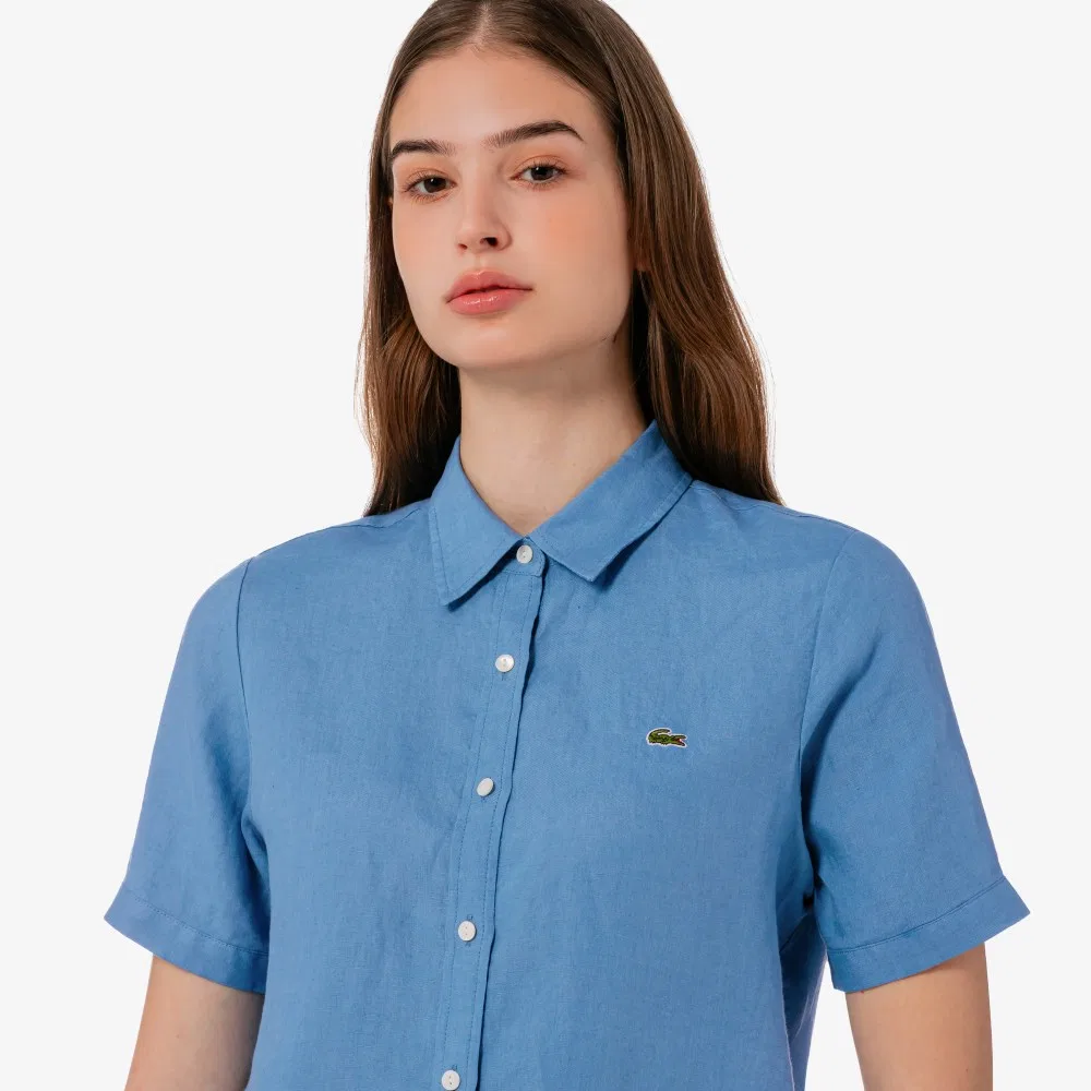 Рубашка Lacoste льняная женская бирюзовая с коротким рукавом — фото 2