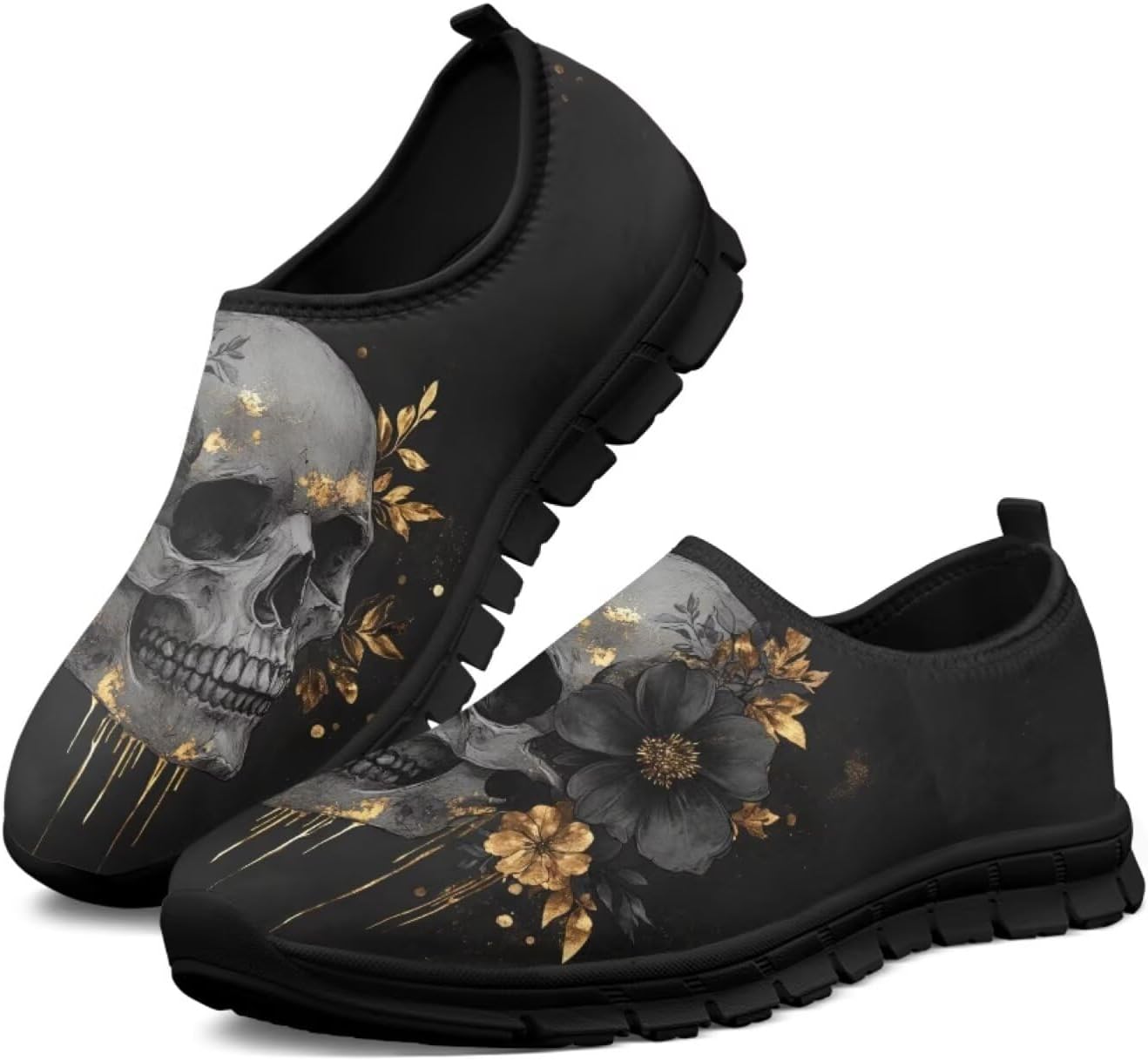 

Мокасины с принтом черепа Hsaiyjsp для мужчин и женщин, кроссовки без шнурков, дышащие обувь для бега и ходьбы, золотой