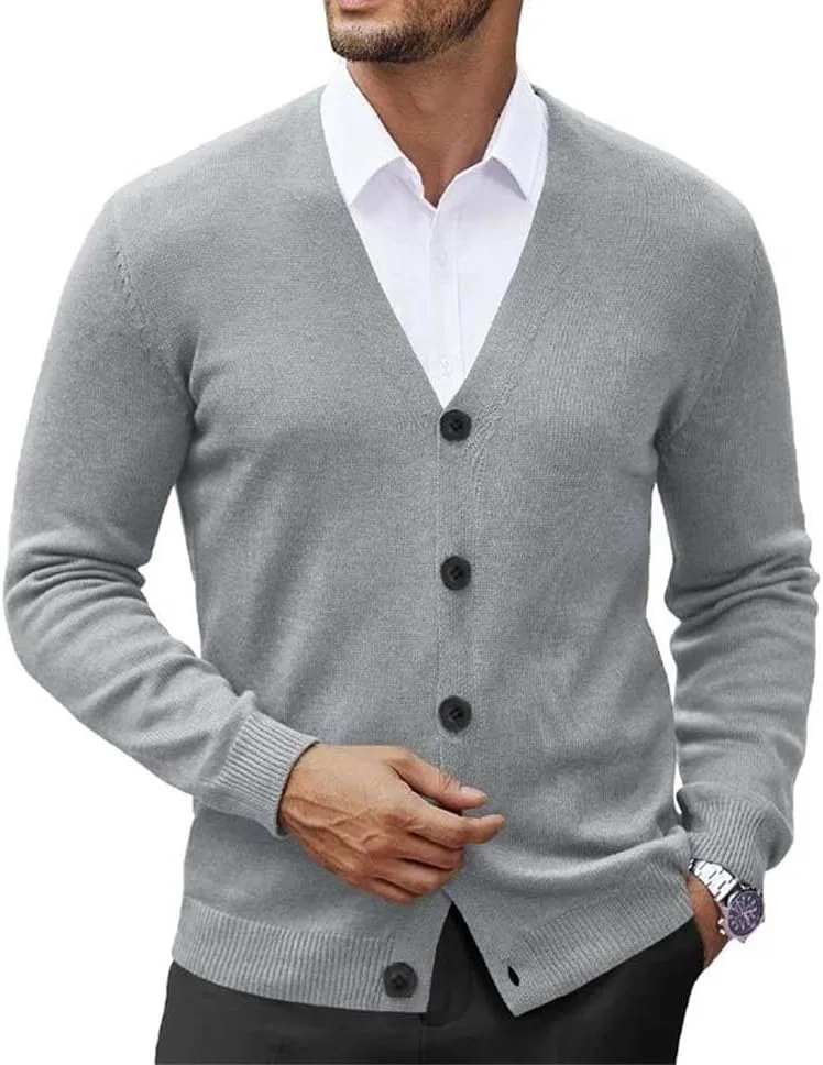 Мужской кардиган V-образным вырезом на пуговицах, slim fit, мягкий, с длинными рукавами — фото 2