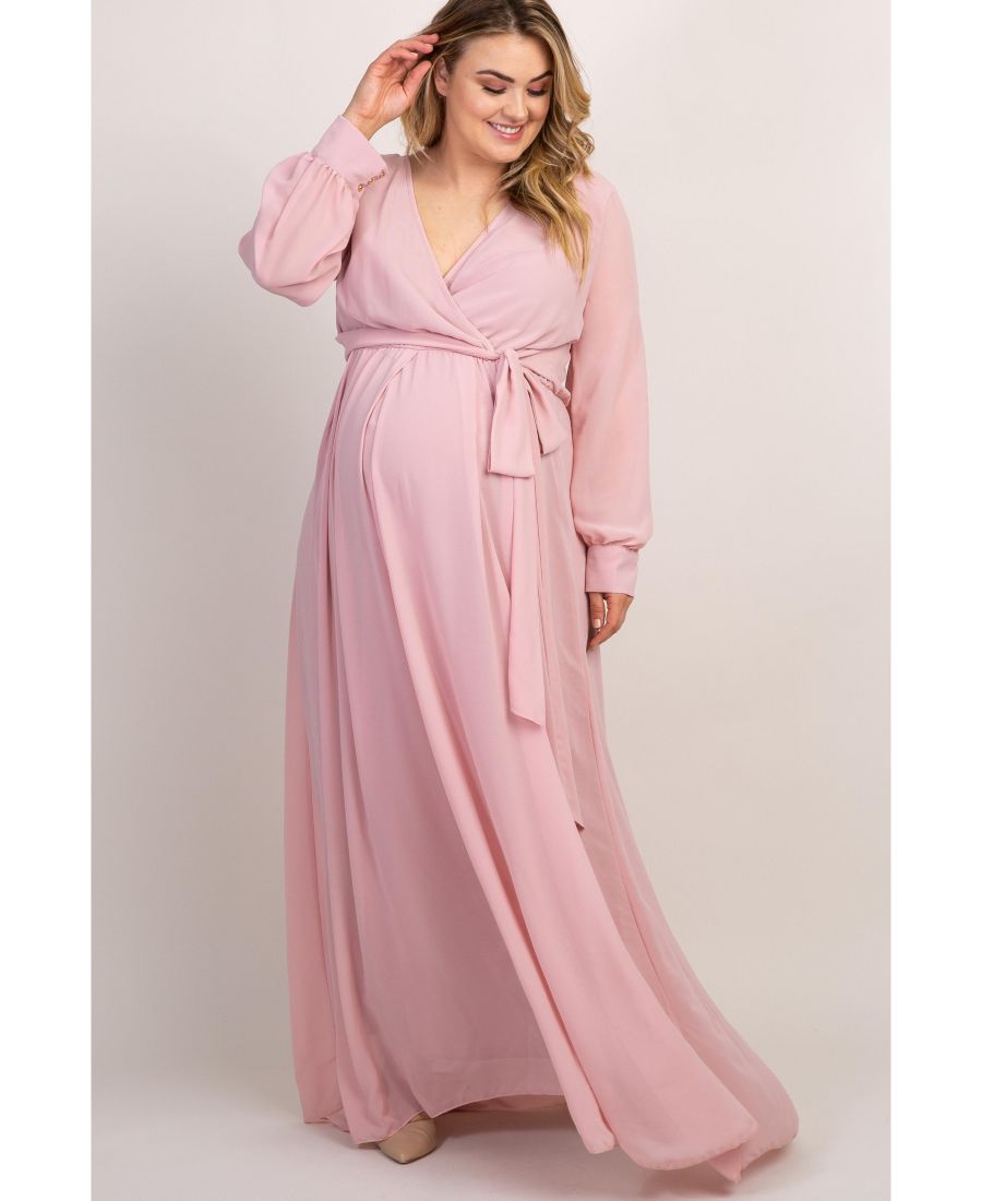 

Длинное плиссированное платье-макси из светло-розового шифона большого размера с длинными рукавами Pinkblush, Light pink