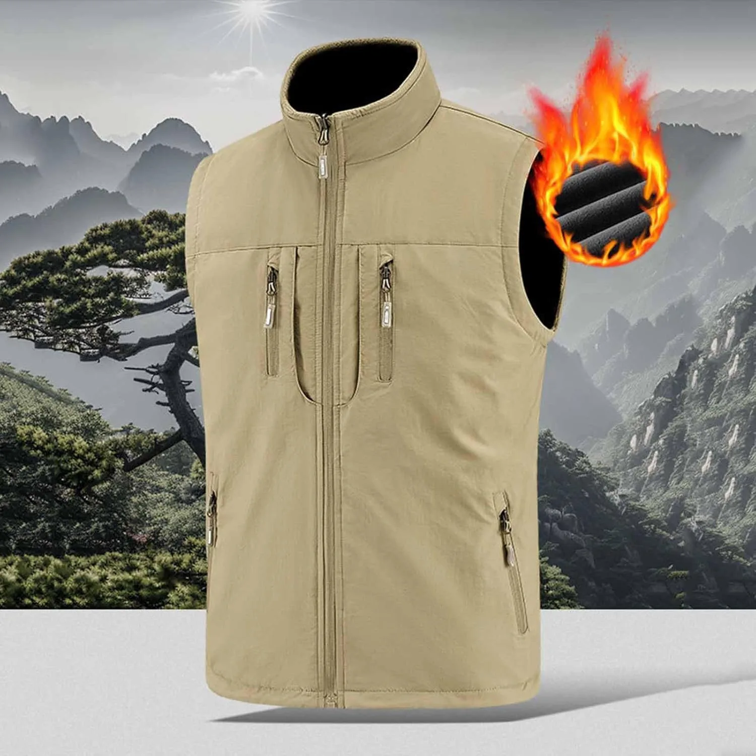 Мужской тактический флисовый жилет, двусторонний, зимний теплый рабочий жилет, жилет для активного отдыха, жилет с воротником-стойкой, без рукавов Generic, хаки — фото 2