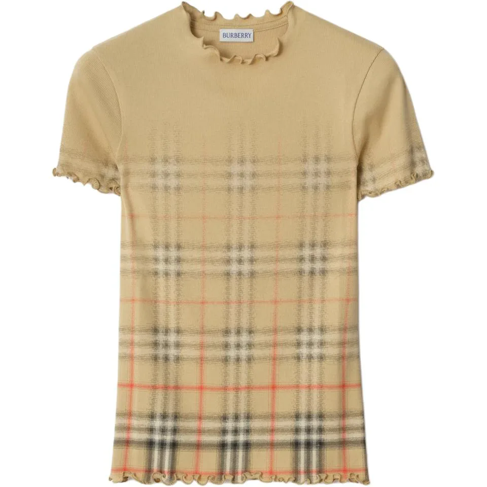 

Футболка из хлопка с рюшами и выцветшей клеткой Burberry, sandy бежевый