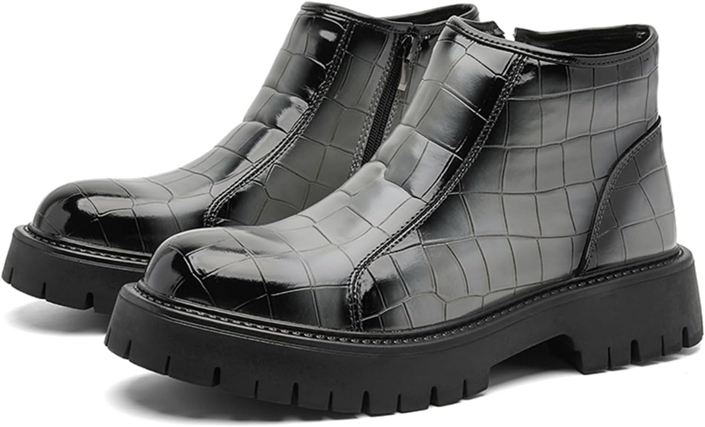 

Мужские ботинки NEGYANME с застежкой-молнией, толстой подошвой и тиснением под камень, ретро круглый носок, без шнуровки, нескользящие, подходят для езды на велосипеде, походов и снега, серый