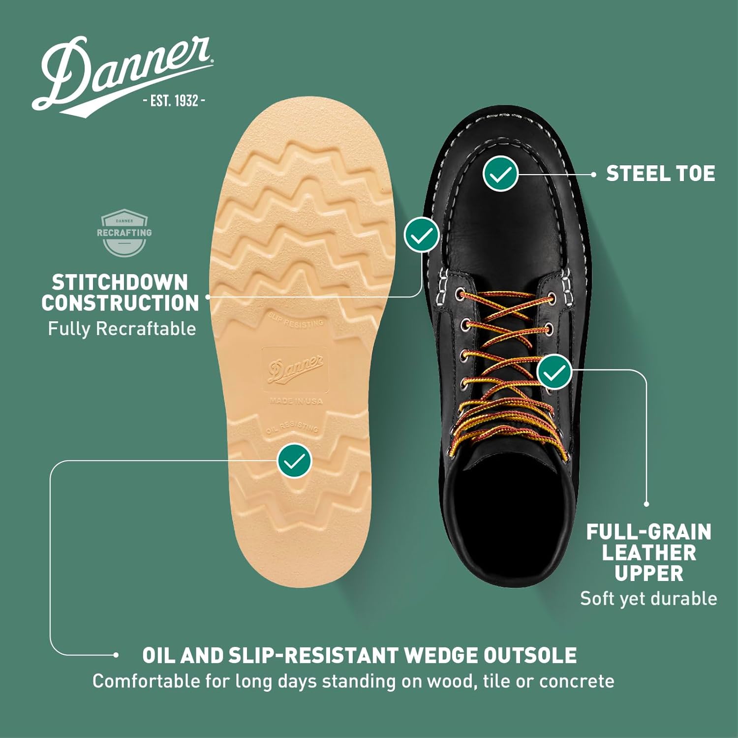 Рабочие ботинки Danner Bull Run 15 см со стальным носком для мужчин - промасленная натуральная кожа, нескользящая подошва на танкетке и стелька с трехслойной амортизацией, устойчивые к электромагнитной нагрузке, черный — фото 4