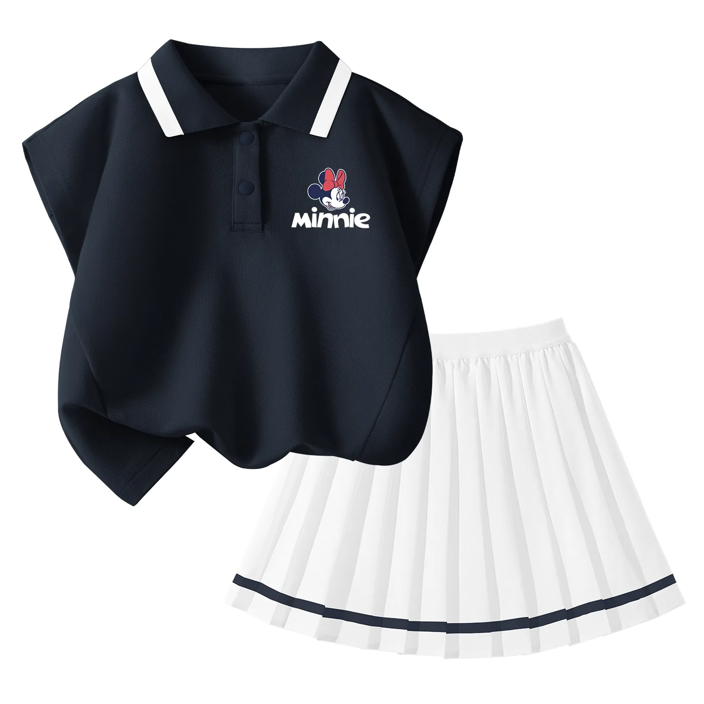 Детская спортивная поло с тонким коротким рукавом Disney, Elegant Minnie K Deep Sea Blue+Solid Color Deep Sea Blue