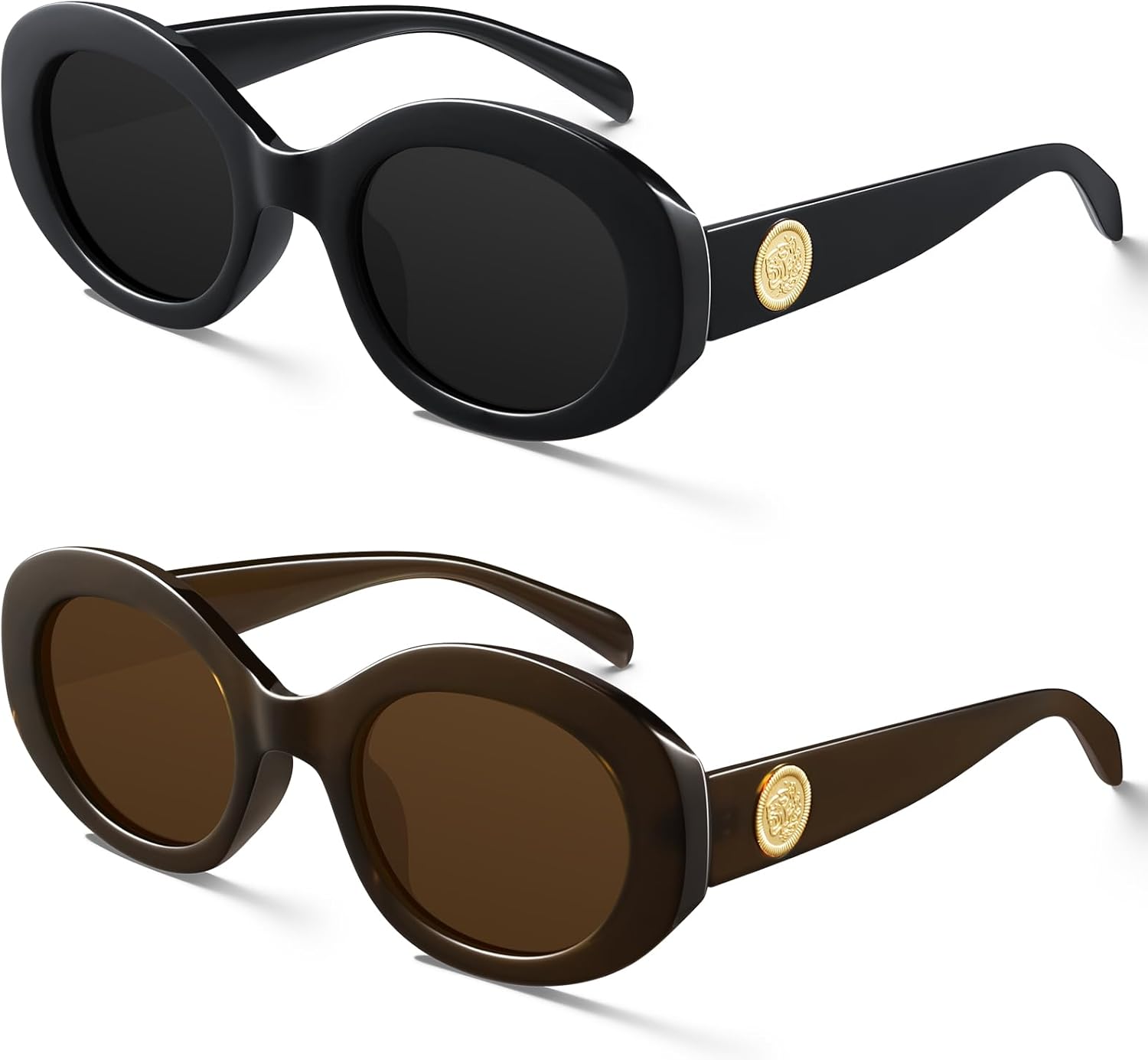 

Солнцезащитные очки KUGUAOK в стиле ретро, ​​овальные, для женщин, круглые, модные, в стиле 90-х, модные солнцезащитные очки с массивной толстой оправой и защитой от УФ-излучения, 2pcs-black+brown