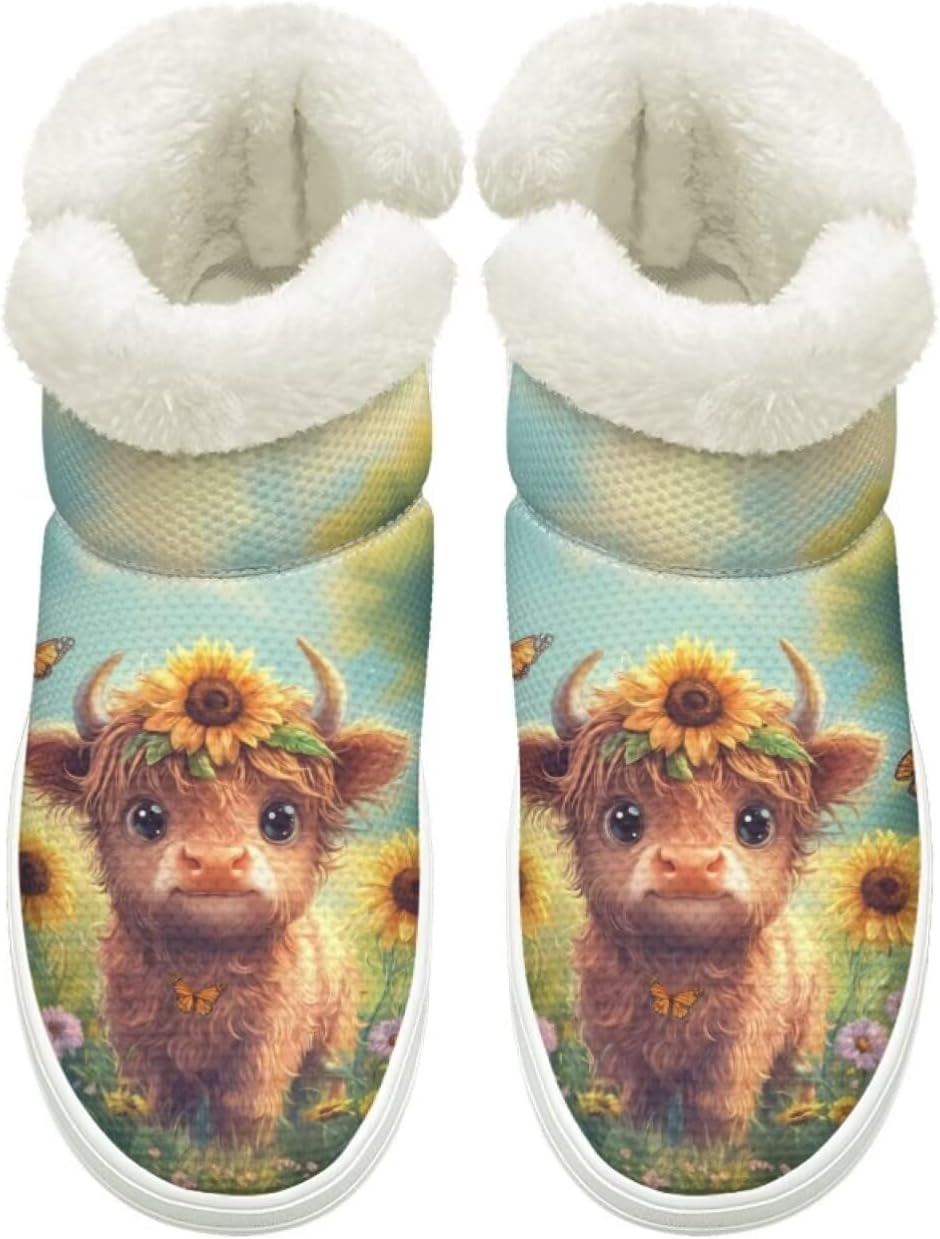 

Зимние Ботинки на Легком Надевании для Женщин и Мужчин с Эластичной Липучкой у Щиколотки, Пушистые Снежные Ботинки с Меховой Подкладкой, Удобные, Нескользящая Подошва Cugasmaru, Highland Cow Sunflower