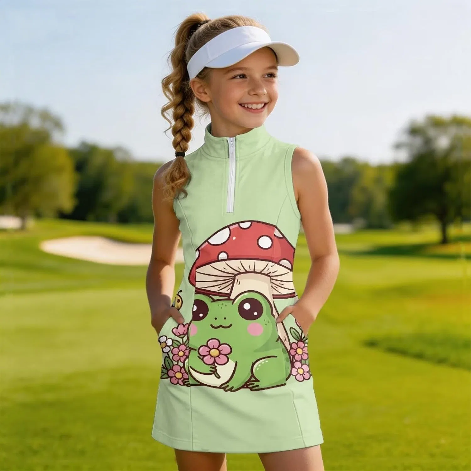 Платье для тенниса и гольфа без рукавов Boatee, принт Cute Frog Mushroom Print — фото 4