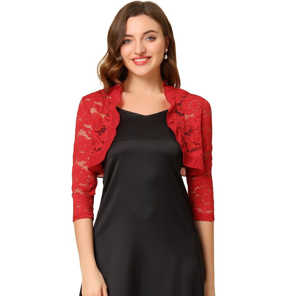 

Женский элегантный укороченный кардиган с рюшами и воротником, прозрачный кружевной топ с цветочным принтом ALLEGRA K, цвет Bright Red