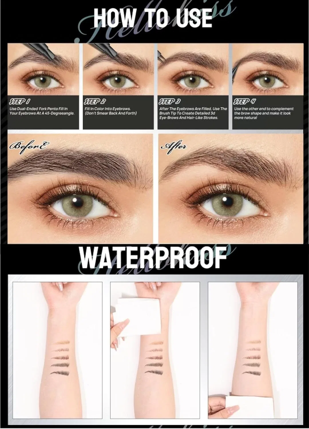 Карандаш для бровей Microblading 3D Водостойкий, 5 цветов, Xuanocheng, 18 г, light brown+brown+dark brown+black — фото 3