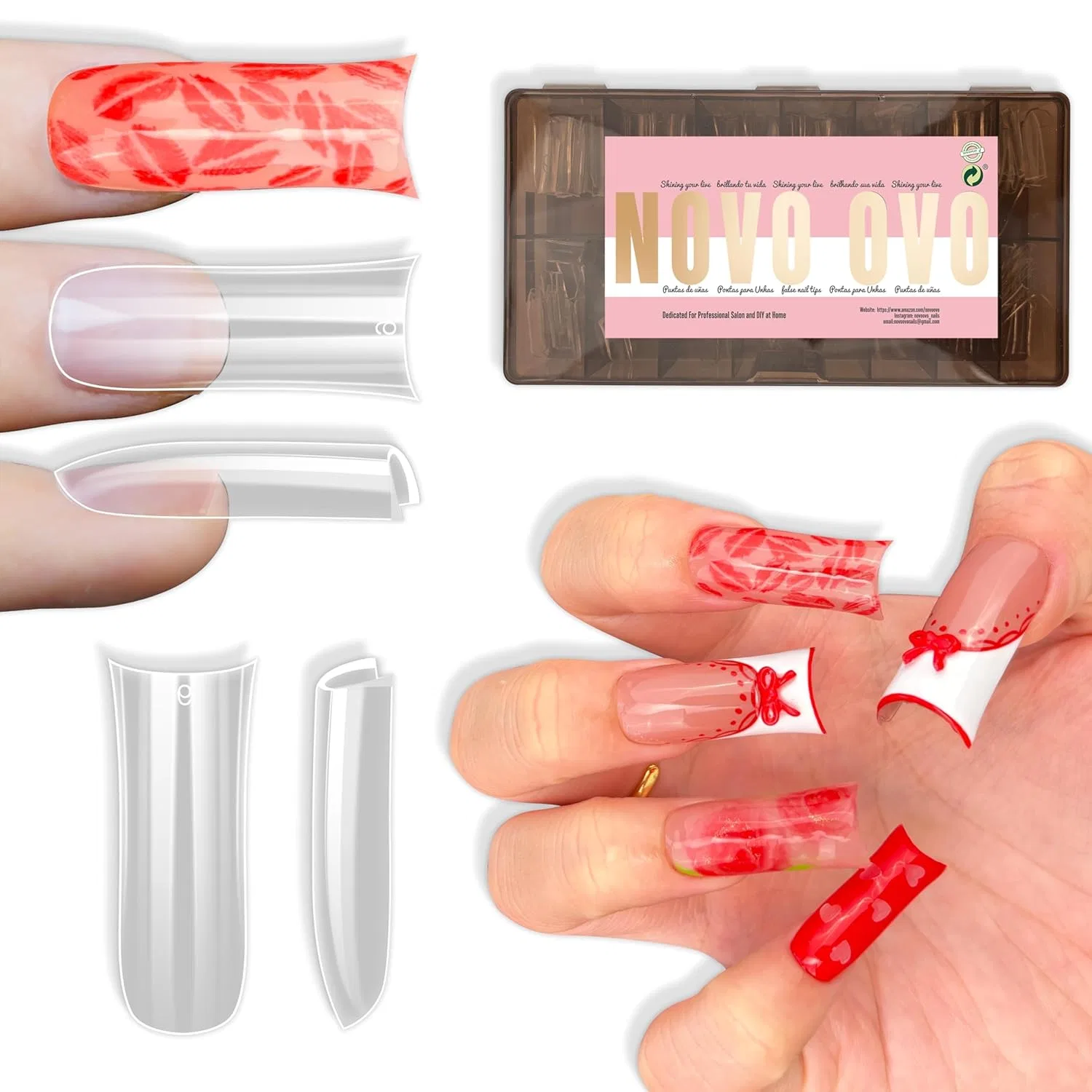 Накладные ногти «Duck Nails XL» с С-изгибом от NOVO OVO Novo Ovo, Long Xl Sculpted Duck Nail Tips With Moon Curve Clear_240Pcs_Eu