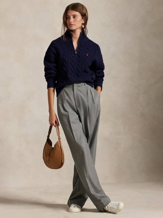 

Свободный полу-зип свитер из шерстяной смести кабельной вязки Ralph Lauren, Navy