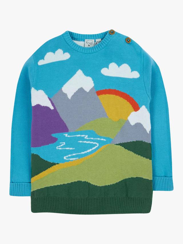

Детский хлопковый вязаный джемпер Elwood Frugi, Blue/Mountain Scene