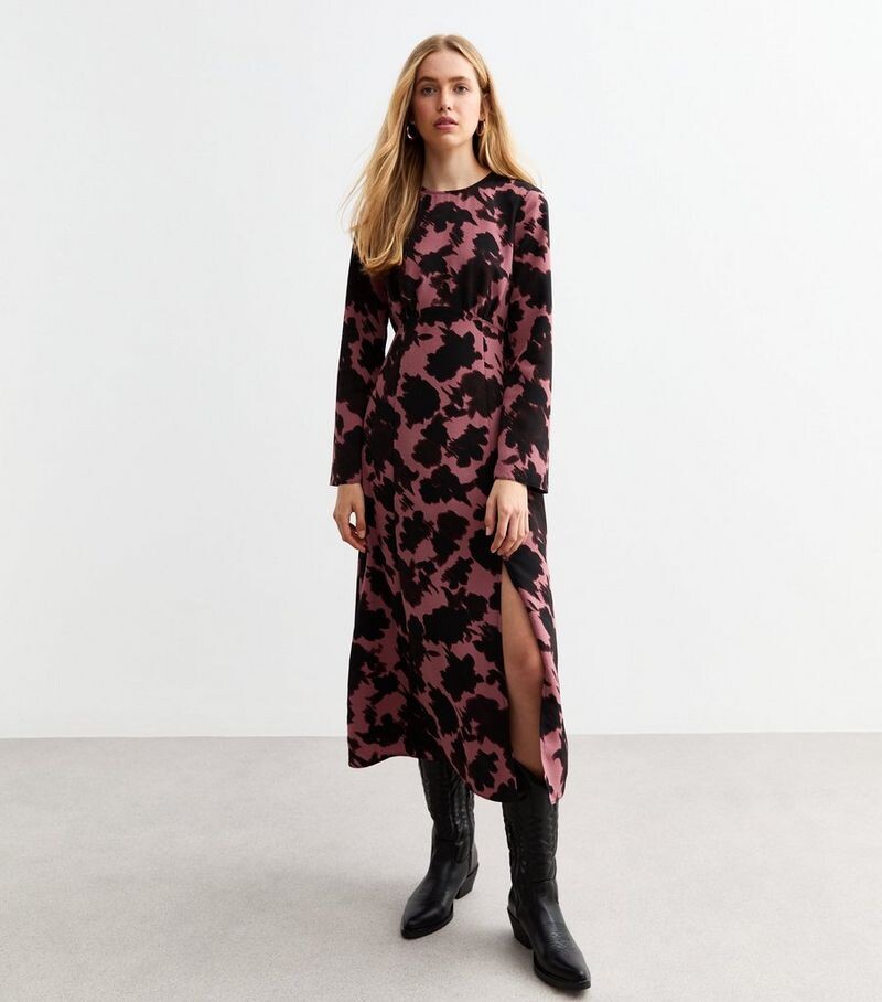 

Красное платье-миди с рифлеными рукавами и цветочным принтом New Look, красный