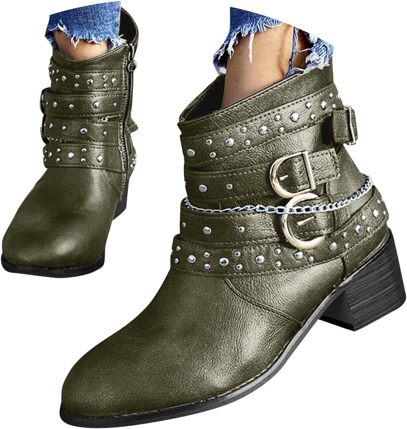 

Женские винтажные боевые ботинки Hbeylia, готические, с заклепками, металлической пряжкой, зеленый