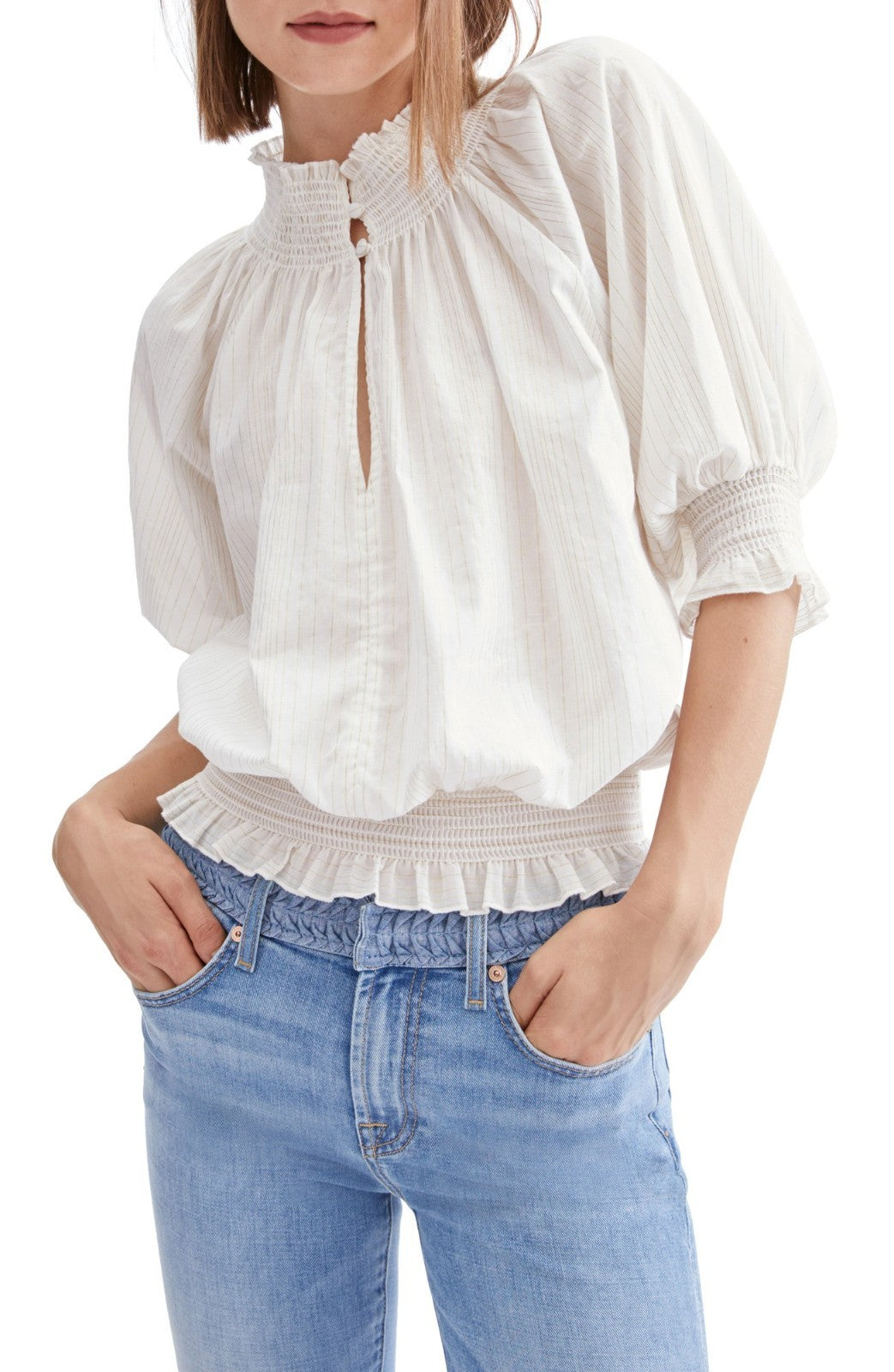 

Женский топ-топ 7 For All Mankind, белый хлопковый джемпер со сборками и плиссировкой, RED67 6 For All Mankind, белый