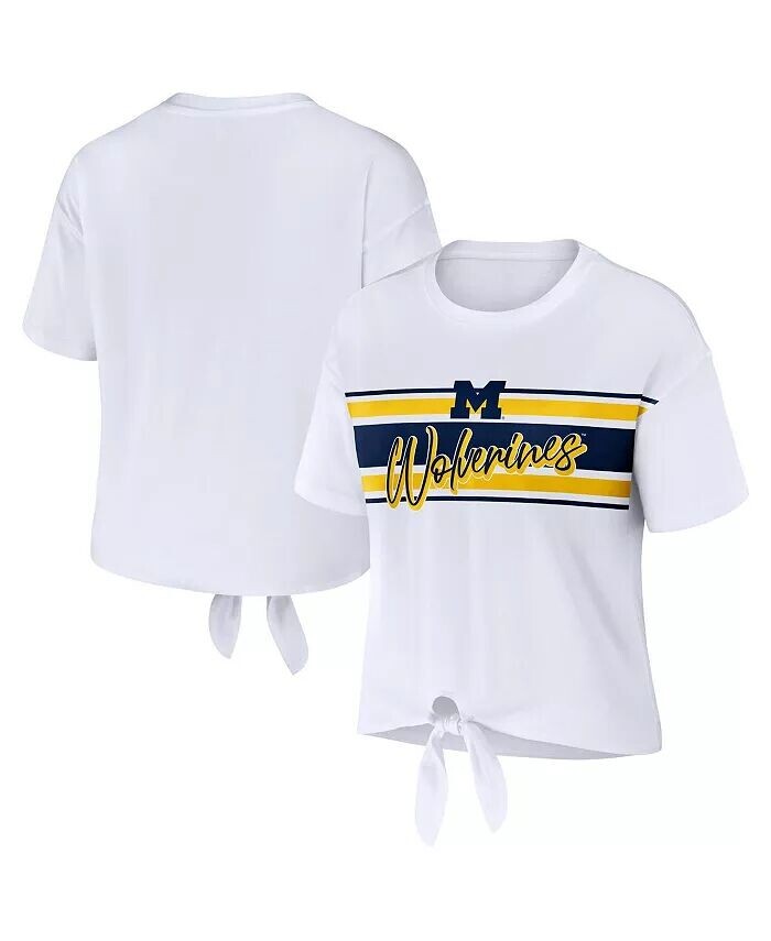 

Женская белая укороченная футболка в полоску с узлом спереди Michigan Wolverines Wear By Erin Andrews