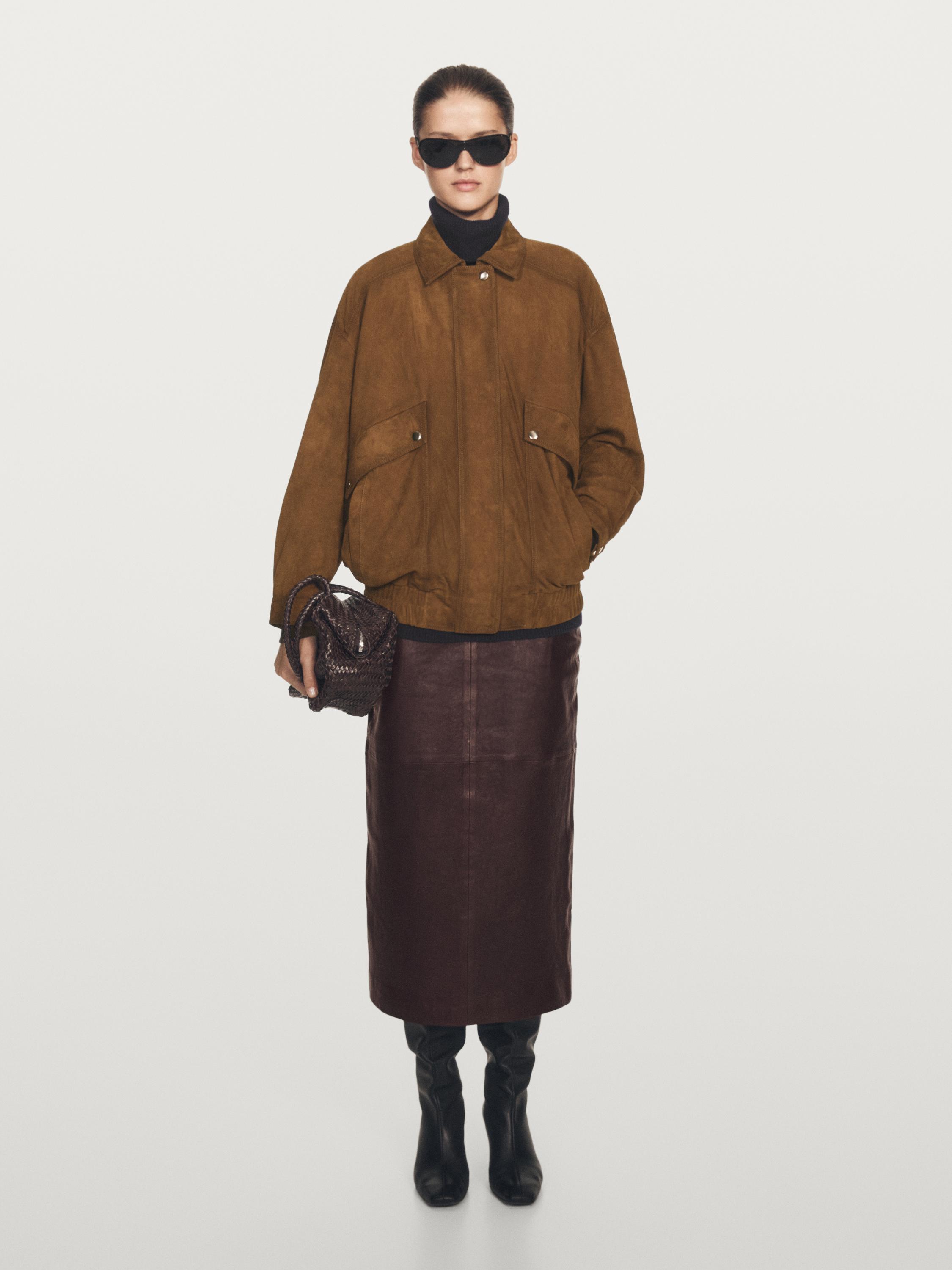 

Куртка-Бомбер из замши с карманами Massimo Dutti, коричневый