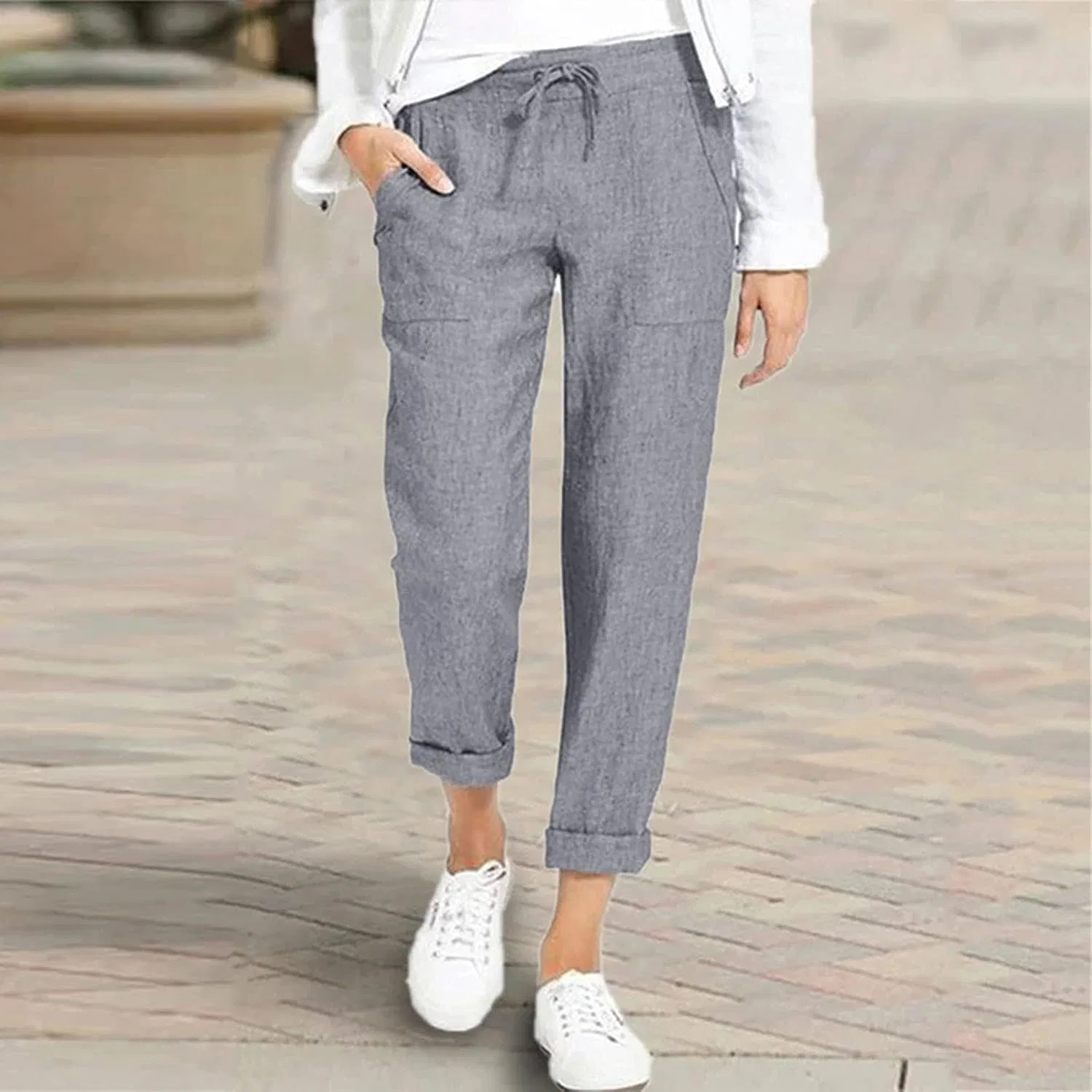 Женские льняные капри-брюки Casual из легкой льняной смеси с широкими штанинами, эластичным поясом, свободного кроя, с карманами, однотонные, летние Generic, серый — фото 2