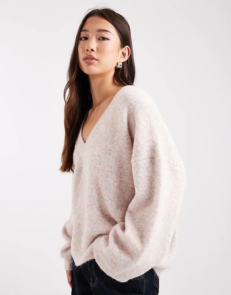 

Пушистый джемпер ASOS DESIGN с глубоким V-образным вырезом розового меланжевого цвета