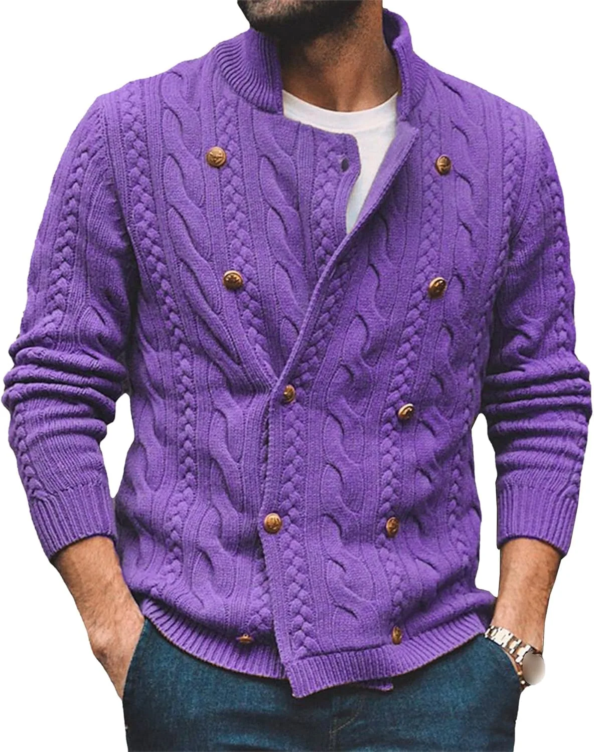 

Мужской кардиган с шалью и кабельной вязкой JEShifangjiusu