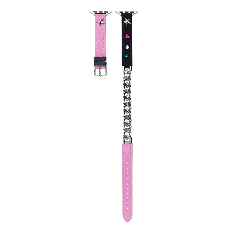 

Ремешок, совместимый с Apple, материал: холст, 44 мм IBOANN, Double-loop chain canvas strap - pink black