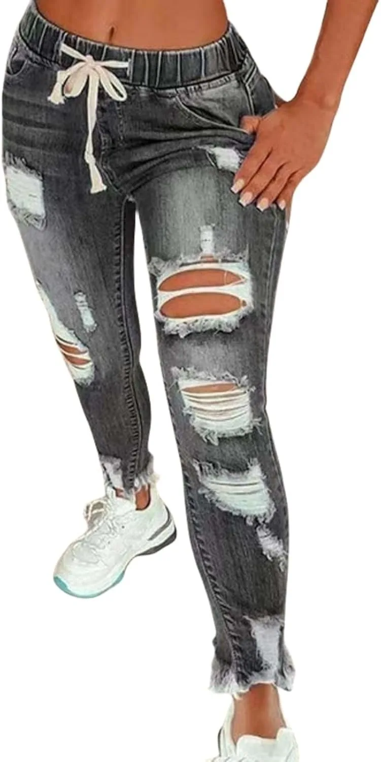 

Женские рваные джинсы Skinny с завязками High Rise Stretch Destroyed Denim Pants Plus Size Tazeap